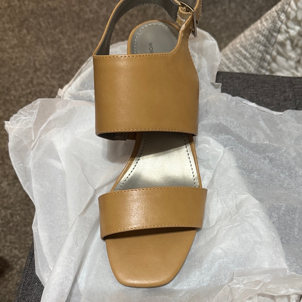 Worthington Tan Two-Band Open-Toe Sandal with Ankle Strap worn once